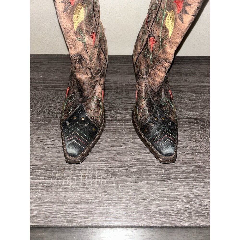Tony Lama Brown Multicolor Floral Embroidered Rodeo Cowgirl Western Boots 6.5 B - Picture 4 of 8